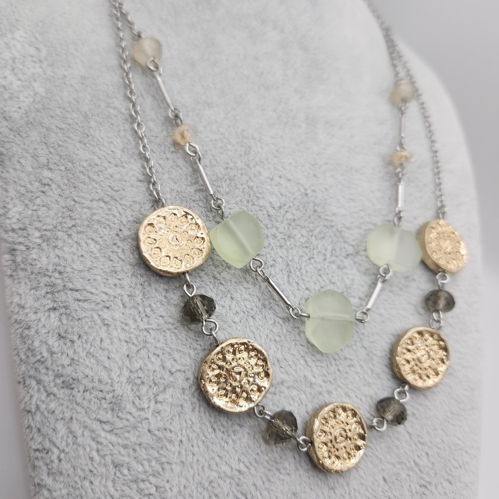 Boho Layered Necklace Gold Coin Crystal Green Bead Silver Tone J. Jill NEW
